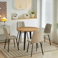 طقم طاولة سفرة مستديرة سطح خشب 4 كراسي قماش بيج بأ...