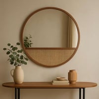 مرآة حائط دائرية باللون البني بتفاصيل كانيه طبيعية...