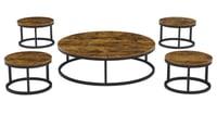 طقم طاولات شاي 5 قطع سطح خشب دائري بقاعدة معدن اسو...