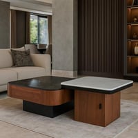 طقم طاولات عصري يجمع بين سطح رخامي أبيض وأسود مع ق...