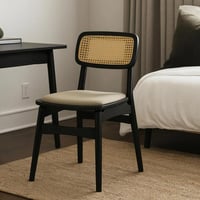 كرسي خشبي بمقعد مبطن ومسند من الخيزران لون أسود x...