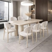 طاولة طعام بيليندا سطح رخام قاعدة معدن بيج مع 6 كر...