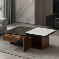 طقم طاولات عصري يجمع بين سطح رخامي أبيض وأسود مع ق...