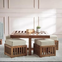 طاولة قهوة كالنيرا خشب صلب بني و4 كراسي قماش بيج ق...