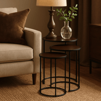 طقم 3 طاولات خدمة أروى بسطح خشب بني و قواعد معدن -...