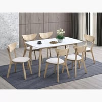 طقم طاولة سفرة مستطيلة سطح خشب ابيض 6 كراسي قماش ا...