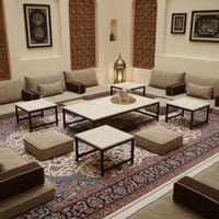 طقم طاولات شاي 5 قطع سطح خشبي مستطيل بقاعدة معدن ا...