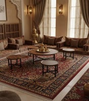 طقم طاولات شاي 5 قطع سطح خشب بني دائري بقاعدة معدن...