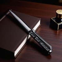 قلم أسود فضي أنيق مع نقش الاسم بالليزر داخل علبة ف...