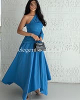 فستان سهرة أزرق بقصة كتف واحد بتصميم draped أنيق -...