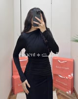 فستان سهرة أسود استرتش بلمسة درابيه وأكمام طويلة