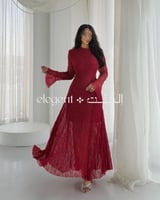 فستان دانتيل عنابي مرصع بفصوص كريستال ناعمة - فستا...