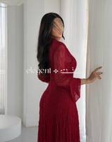 فستان دانتيل عنابي مرصع بفصوص كريستال ناعمة - فستا...