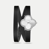 ساعة نسائية جلد سير أسود إطار فضي ميناء ابيض