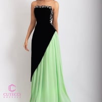 فستان سهرة أسود وشيفون أخضر مطرز كريستال