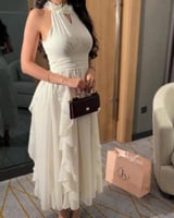 فستان ميدي أبيض كت بياقة مورد – من كيوتشي CUTECCI