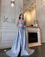 فستان سهرة ميكادو أزرق بتطريز لؤلؤ فاخر