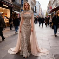 فستان سهرة كلفة تطريز خرز علي وشاح شفون