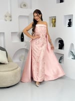 فستان سهرة وردي طويل ميكادو مطرز بتصميم مميز