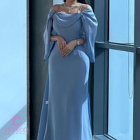 فستان سهرة تفتة روسي بكتف منسدل