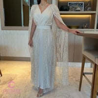 فستان سهرة لؤلؤي قطعتين بأكمام شيفون فاخرة | Cutec...