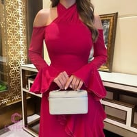 فستان سهرة فوشي شيفون بأكمام كشكش