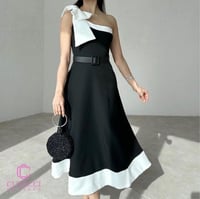 فستان سهرة ميدي بكتف فيونكة أنيقة