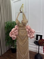 فستان سهرة ذهبي تل مطرز بطانة تفتة