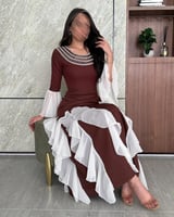 فستان سهرة كريب بني كسرات بيضاء