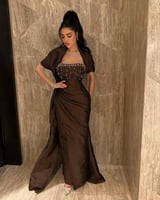 فستان بني ماسك صدر تطريز | Cutecci