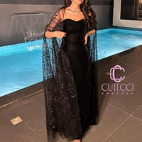 فستان سهرة أسود شتوي مخمل مع بشت أنيق من CUTECCI