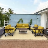 طقم جلوس حديقة فاخر من الحديد والخشب السويدي (7 مق...