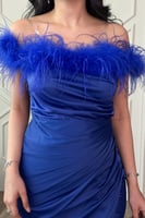 فستان ساتان مزين بريش لون ازرق