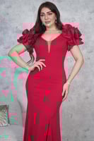 فستان سهره طويل بكم ورد لون احمر