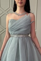 فستان كلوش بحزام لامع لون تيفاني