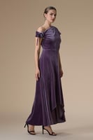 فستان موف ميدي مخمل بكتف واحد