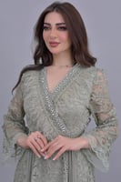 فستان دانتيل كلوش مزين بكريستال وريش لون اخضر