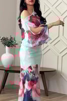 فستان قطعتين ساتان بطبعة أزهار لون أزرق