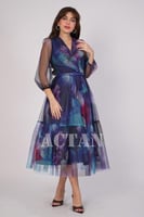 فستان ميدي تول بطبة أزهار لون بنفسجي