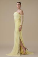 فستان دانتيل اصفر طويل درابيه