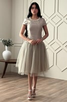 فستان ميدي بياقة مزينة بلؤلؤ لون رصاصي