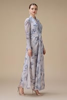 فستان رصاصي طويل بأكمام طويلة بطبعة زهور