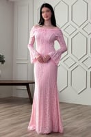 فستان وردي ناعم ماكسي اوف شولدر