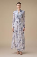 فستان رصاصي طويل بأكمام طويلة بطبعة زهور