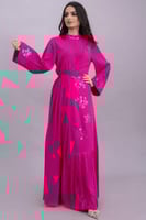 فستان لف مزين بهدب لون فوشي