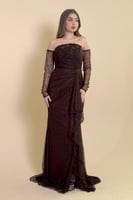 فستان دانتيل طويل اوف شولدر لون بني