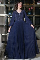 فستان سهره طويل بليسيه مزين بالفصوص لون كحلي