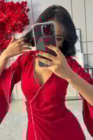 فستان ماكسي درابيه مزين بفصوص لون احمر