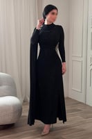 فستان اسود سهرة ماكسي بوشاح مزين بالكريستال