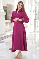 فستان بنفسجي ناعم ميدي بأكمام طويلة